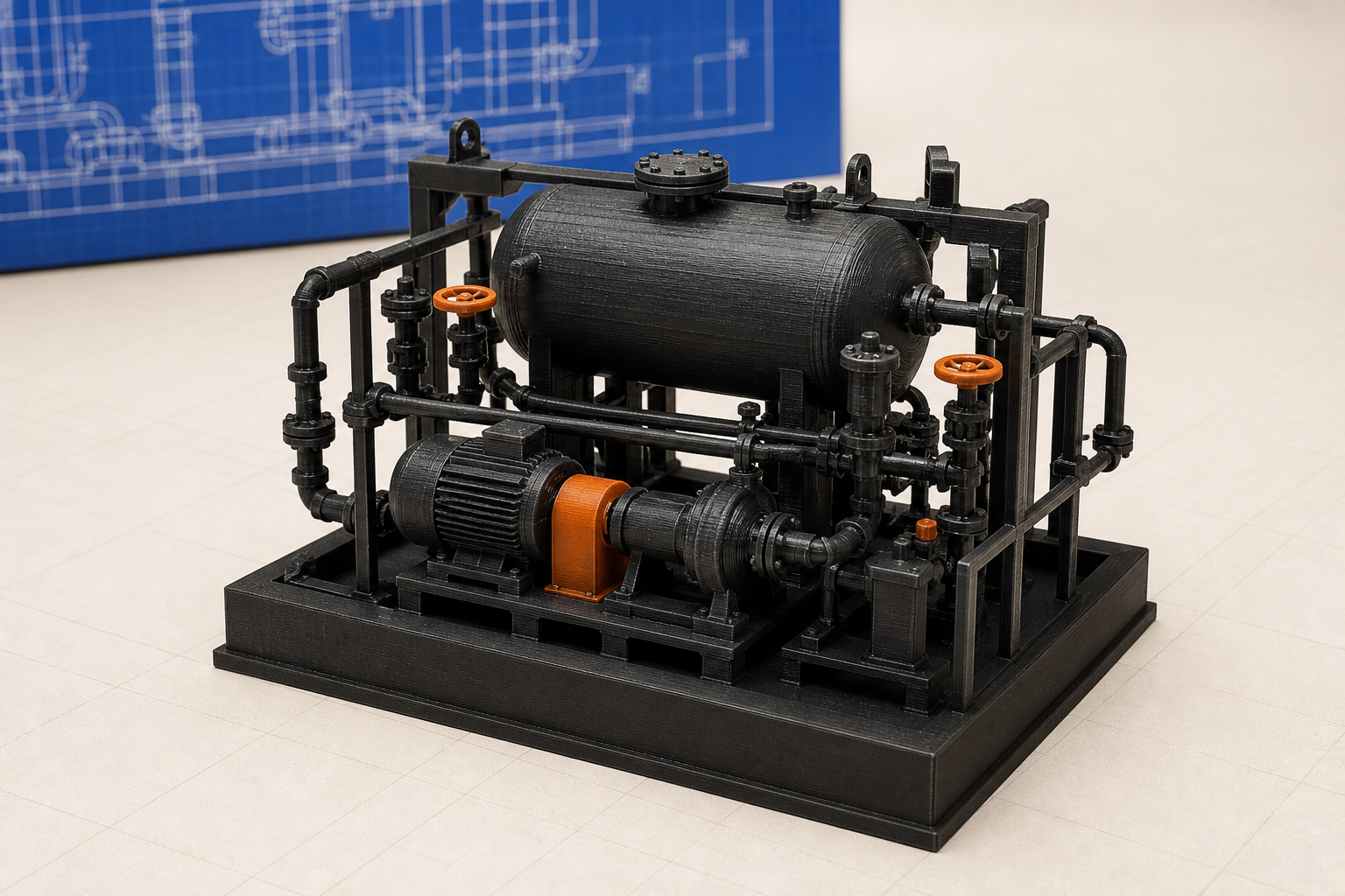Concept example of a custom 3D-printed industrial pump skid replica