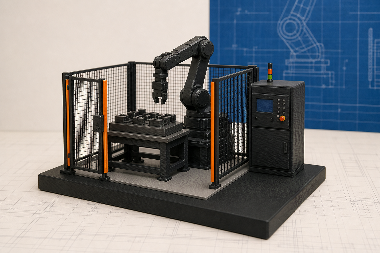 Concept example of a custom 3D-printed industrial robotic work cell model